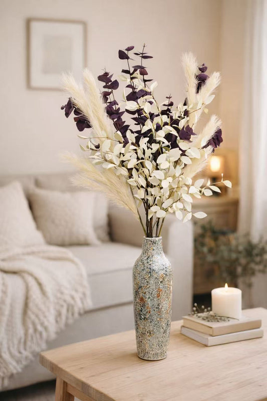 36” Faux Floral Arrangement – Pampas Grass, PE & Fabric Eucalyptus  (With or Without Vase)