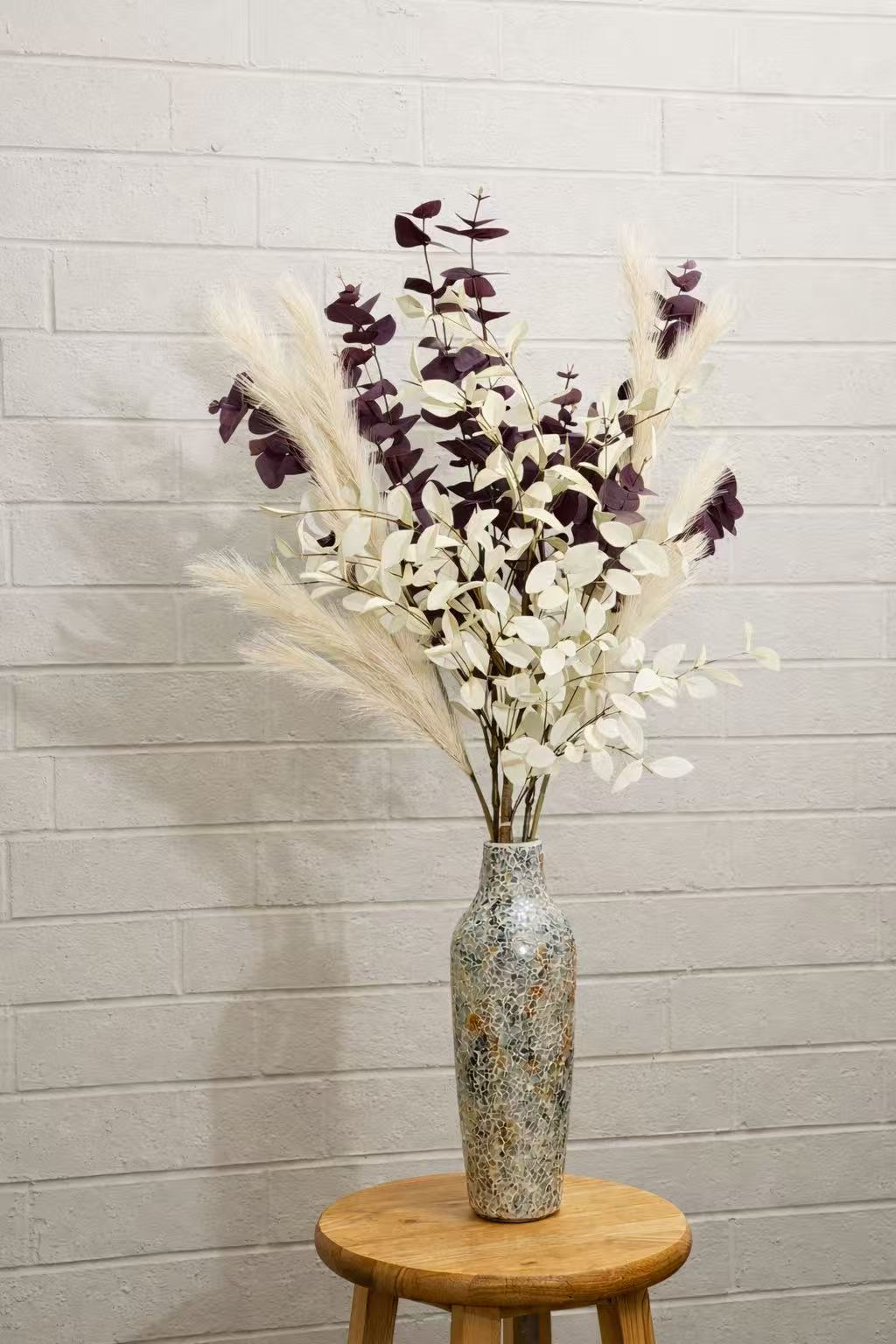 36” Faux Floral Arrangement – Pampas Grass, PE & Fabric Eucalyptus  (With or Without Vase)